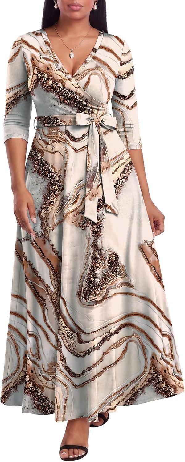 FANDEE Plus Size Maxi Dress for Women Casual Summer Sundress V-Neck 3/4 Sleeve
