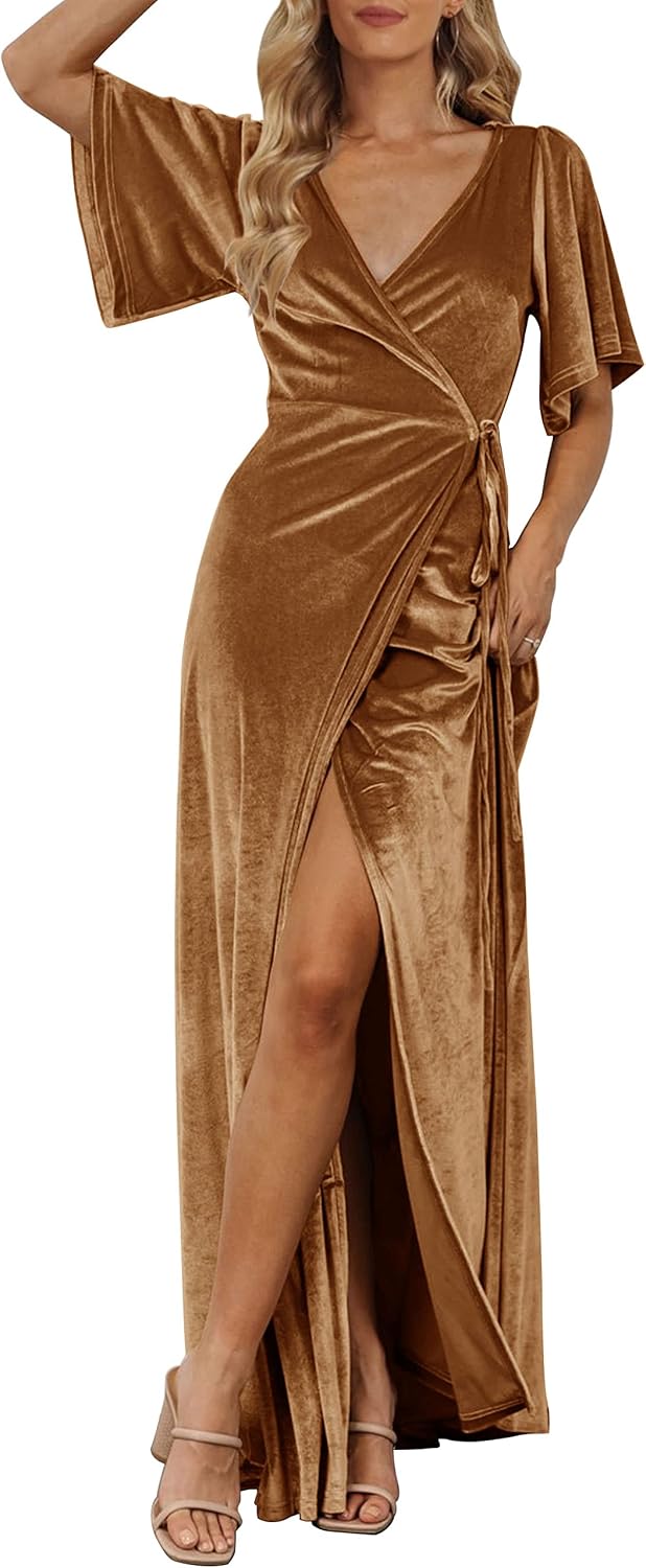 MEROKEETY Women's Wrap V Neck Wedding Guest Cocktail Velvet Maxi Dress