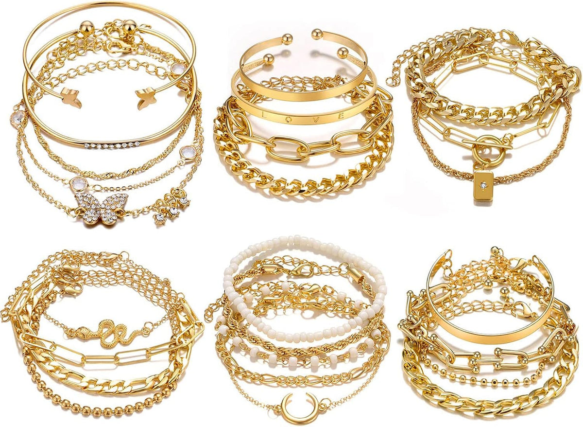 18-25 PCS(6 Pack) Boho Gold Silver Stackable Bracelets Set for Women