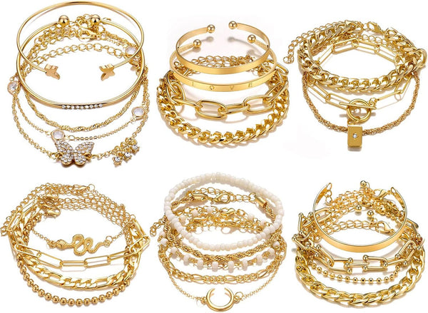18-25 PCS(6 Pack) Boho Gold Silver Stackable Bracelets Set for Women