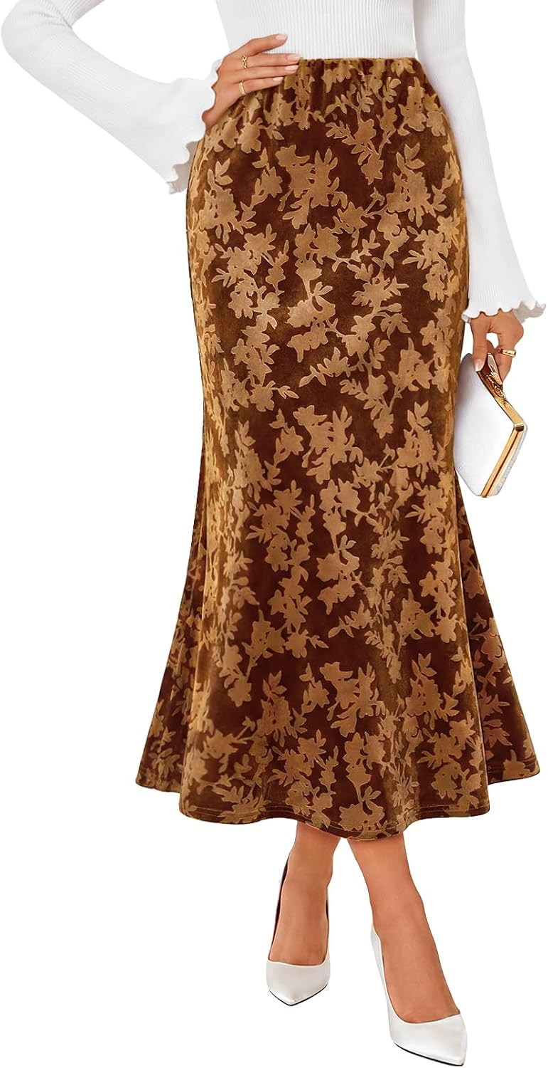MEROKEETY Women's Fall Floral Velvet Maxi Skirt