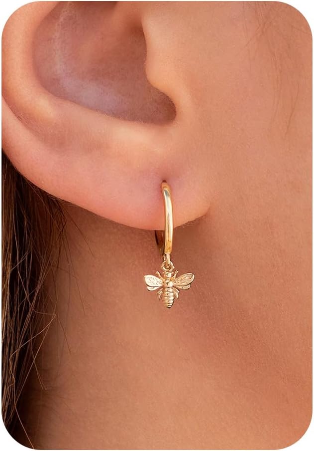 Huggie Earrings for Women-14K Gold/Silver/Black Plated Heart Safety Pin Starfish Butterfly Snake Pearl Bee Earrings for Women Gold Hoop Earrings