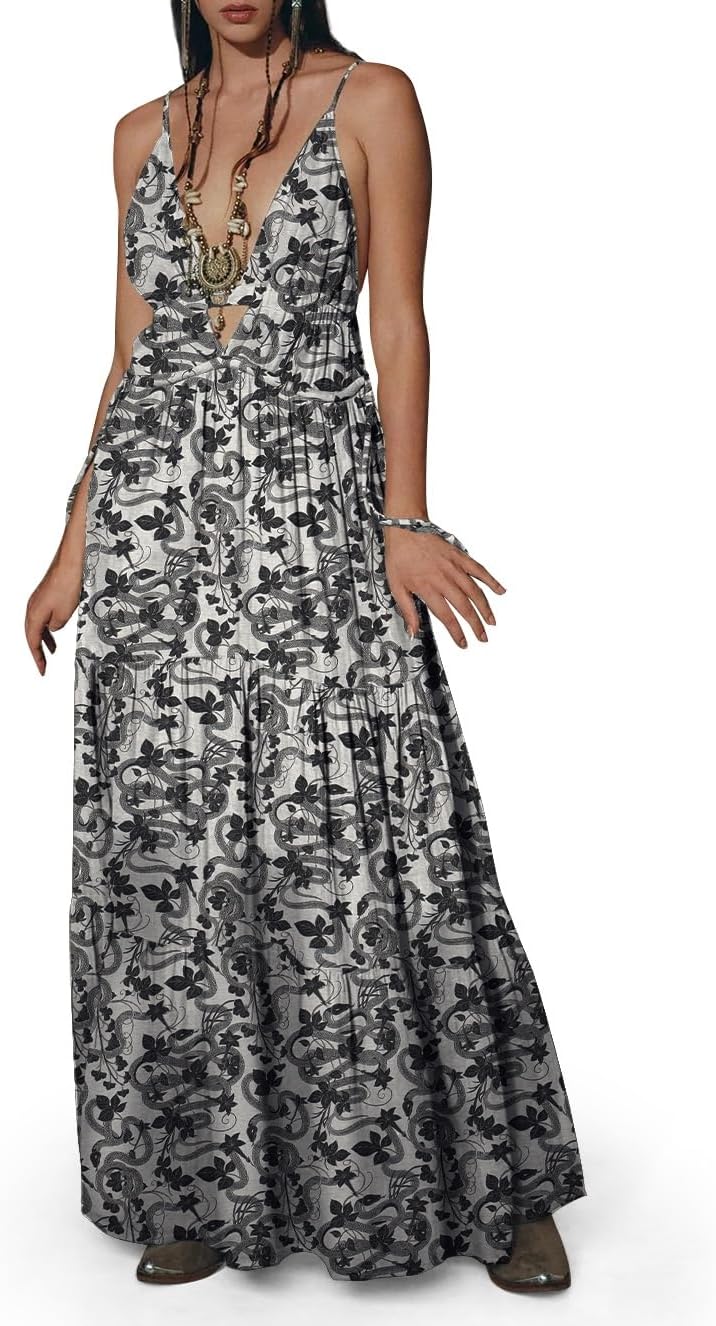 Womens Summer Sun Dresses Mystical Gothic Maxi Dress Casual Floral Witch Dress Date Dress Halloween Outfits
