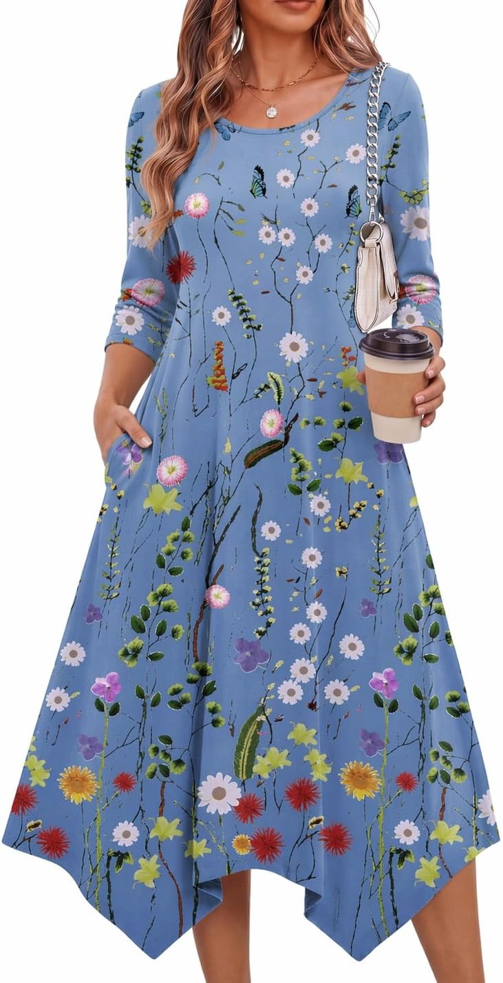 Zeagoo Midi Dresses Women 2026 Dress 3/4 Sleeve A Line Casual Dresses with Pockets