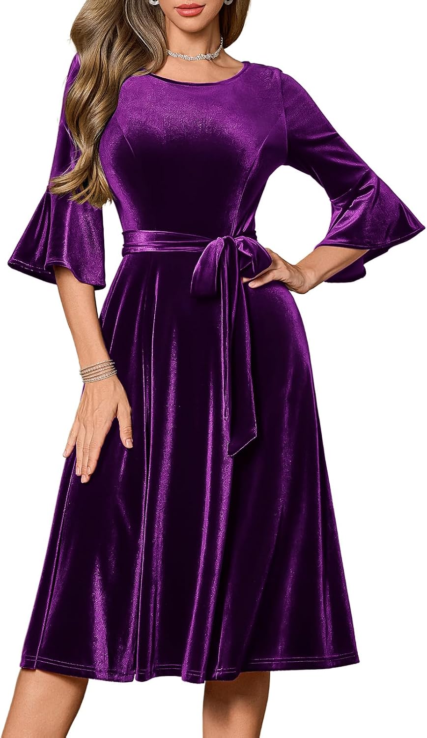 HomRain Long Sleeve Midi Velvet Dress for Women Vintage Christmas Dresses