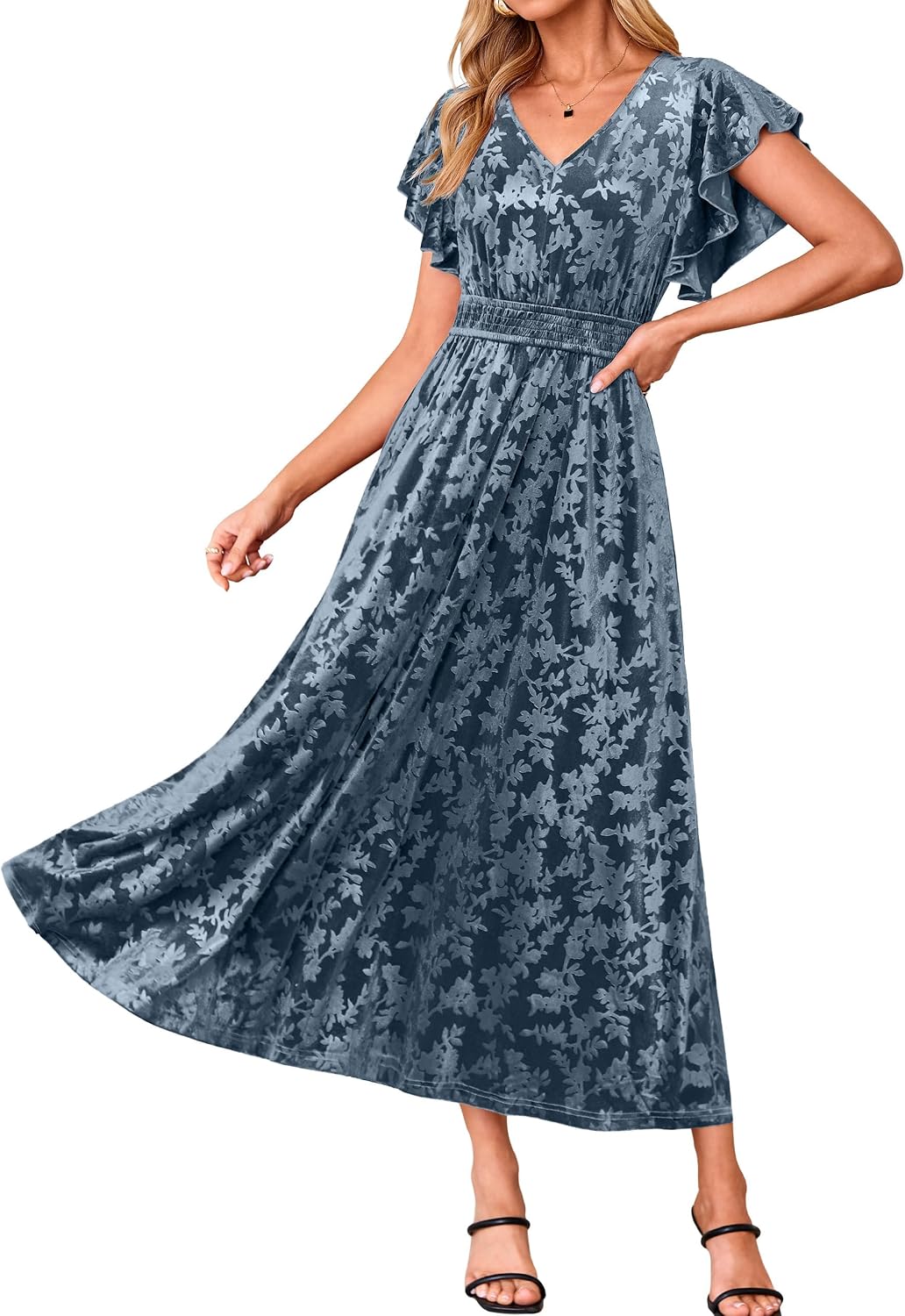 BerryGo Women's Fall Velvet Floral Maxi Wedding Guest Dress