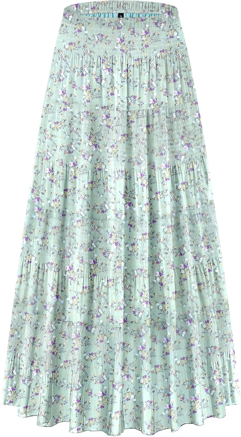 CYiNu Women's Chiffon Elastic High Waist Tiered Pleated Floral Printed A-Line Boho Long Maxi Skirts