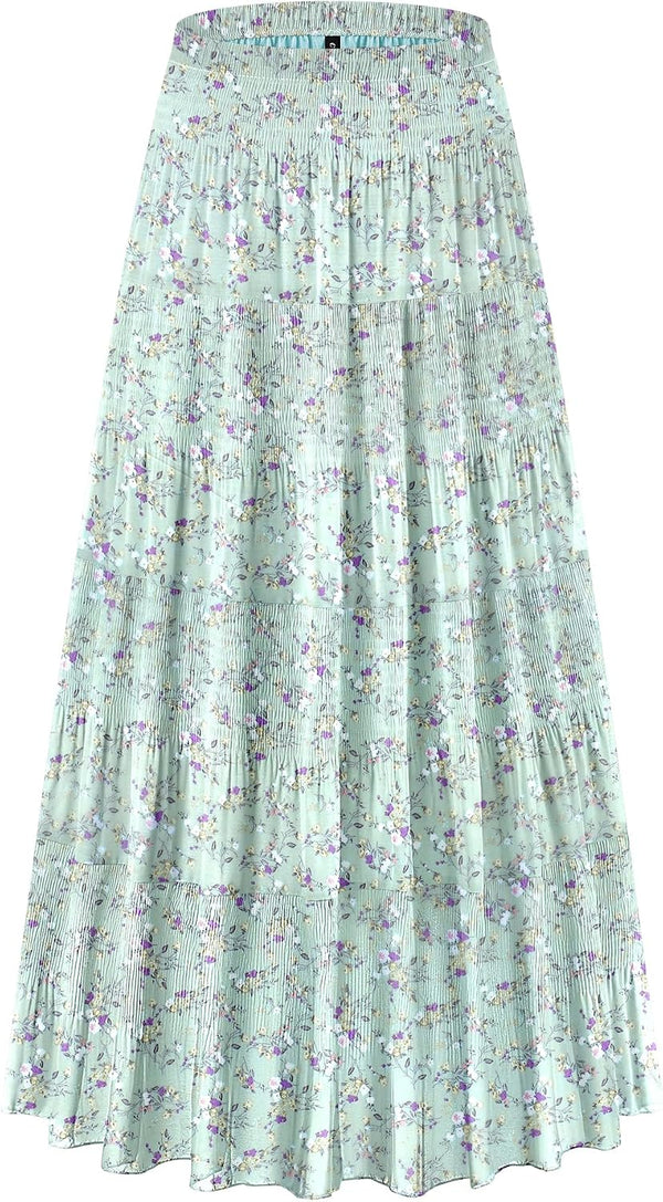 CYiNu Women's Chiffon Elastic High Waist Tiered Pleated Floral Printed A-Line Boho Long Maxi Skirts