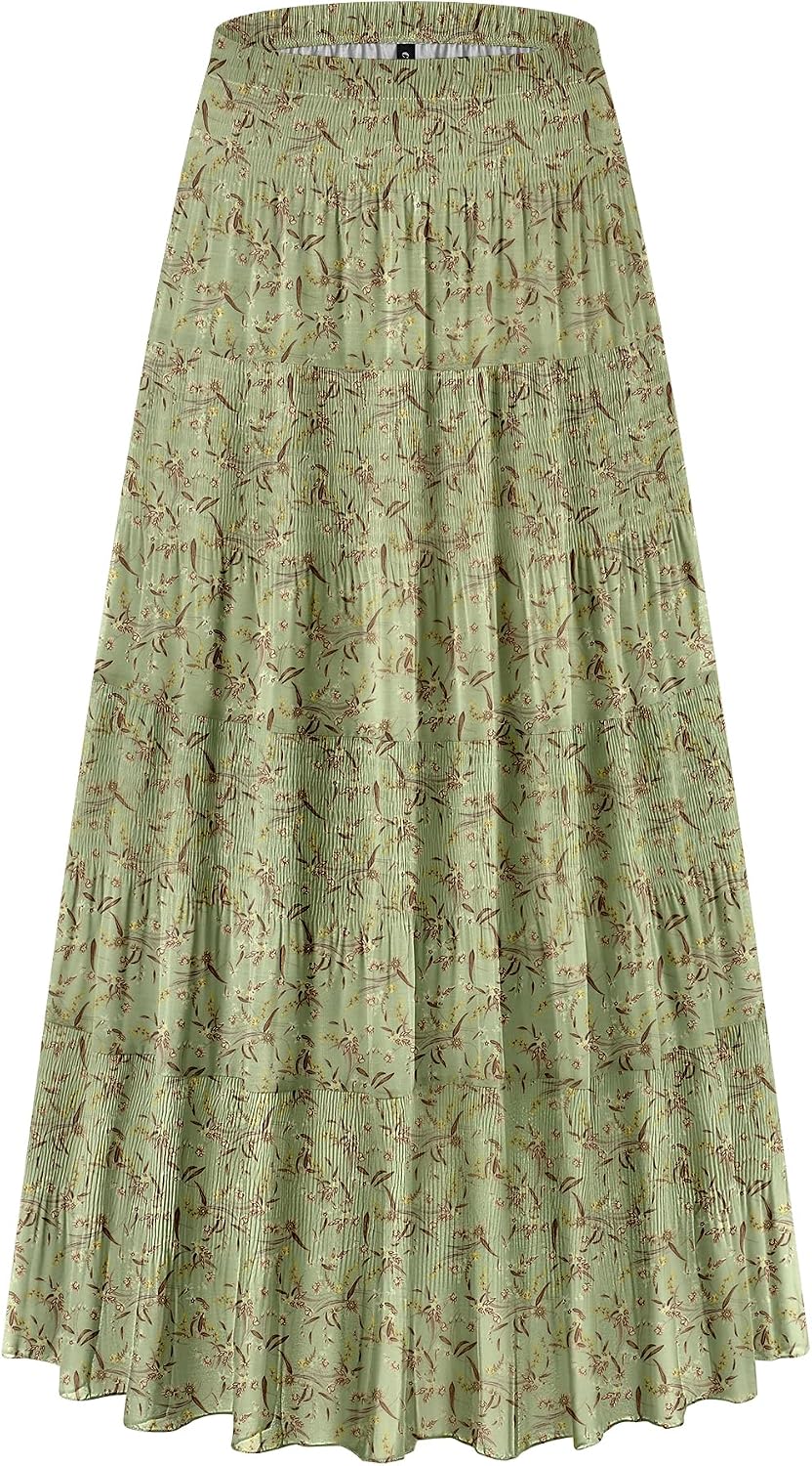 CYiNu Women's Chiffon Elastic High Waist Tiered Pleated Floral Printed A-Line Boho Long Maxi Skirts