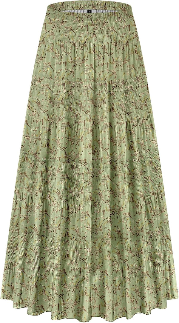CYiNu Women's Chiffon Elastic High Waist Tiered Pleated Floral Printed A-Line Boho Long Maxi Skirts