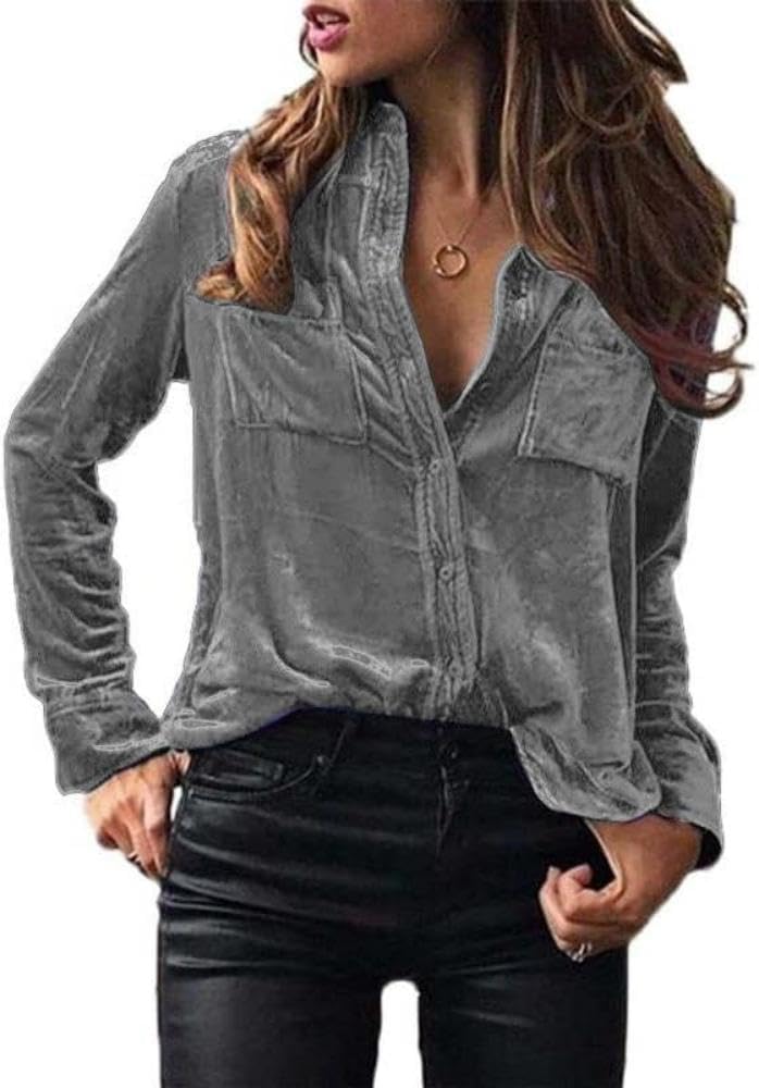 Chvity Velvet Tops for Women Vintage Long Sleeve Button Down Shirts Blouse for Pocket