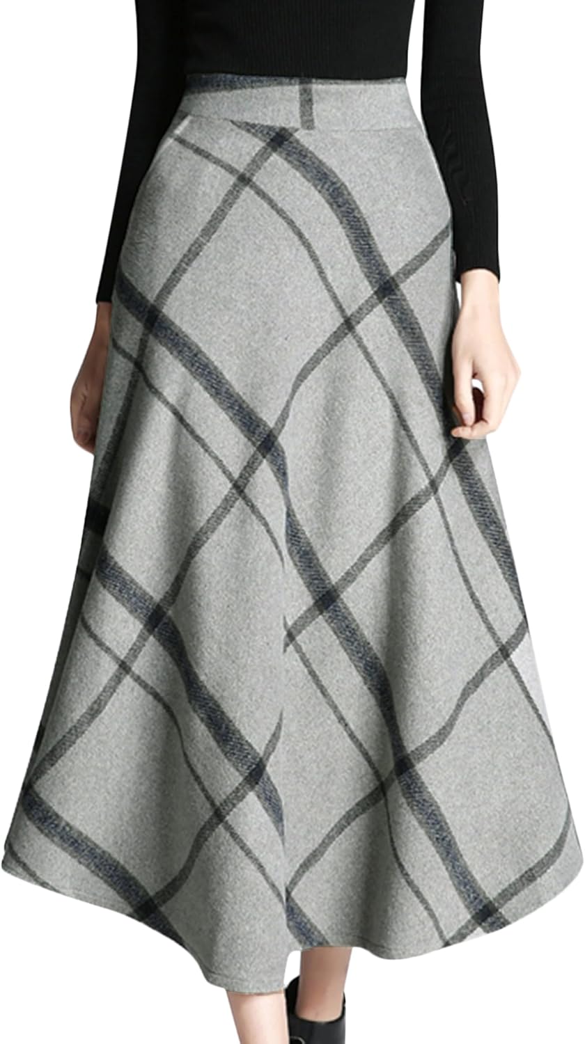 Tanming Womens Plaid Skirt Wool A‑Line Pleated Long Skirt