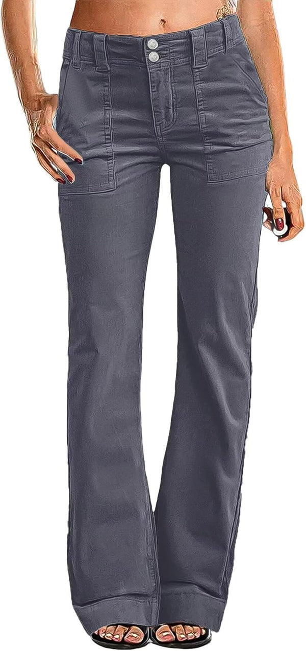Women Mid Waist Dress Flare Straight Leg Corduroy Pants