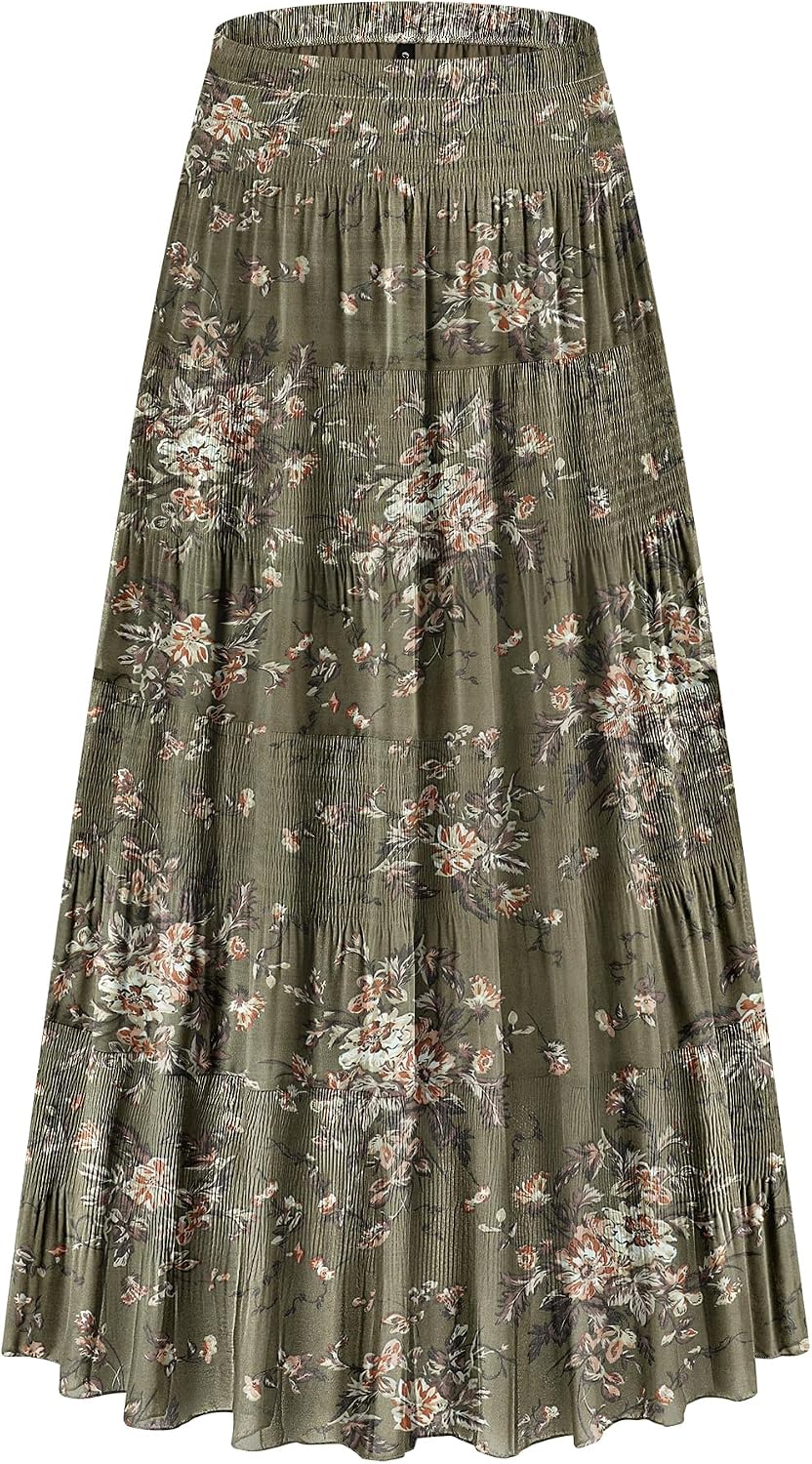 CYiNu Women's Chiffon Elastic High Waist Tiered Pleated Floral Printed A-Line Boho Long Maxi Skirts