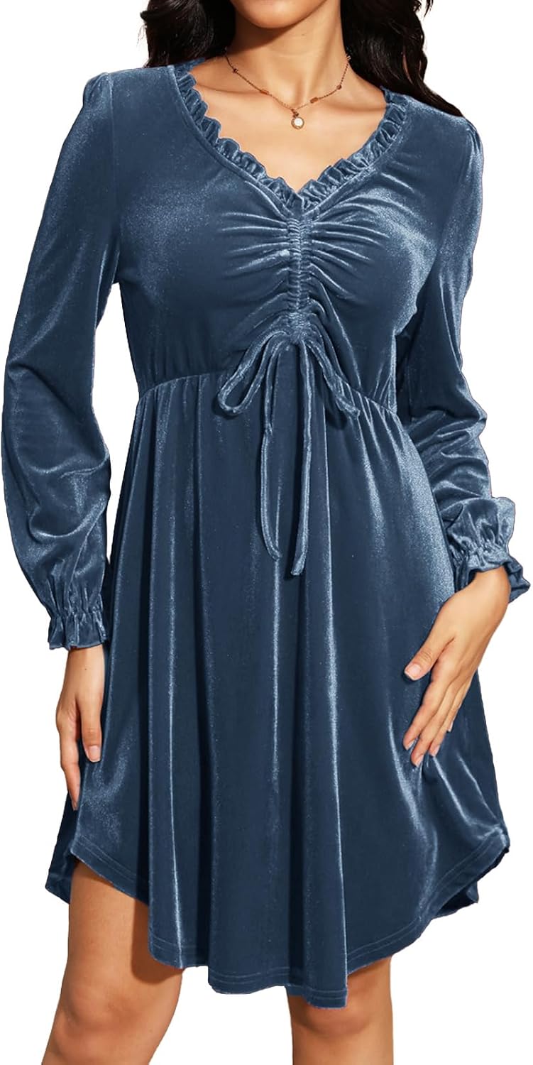 Jayscreate Women's V Neck Velvet Dress Tie Front Waist 2024 Ruffle Long Sleeve Wedding Guest Short Wrap Formal Dress
