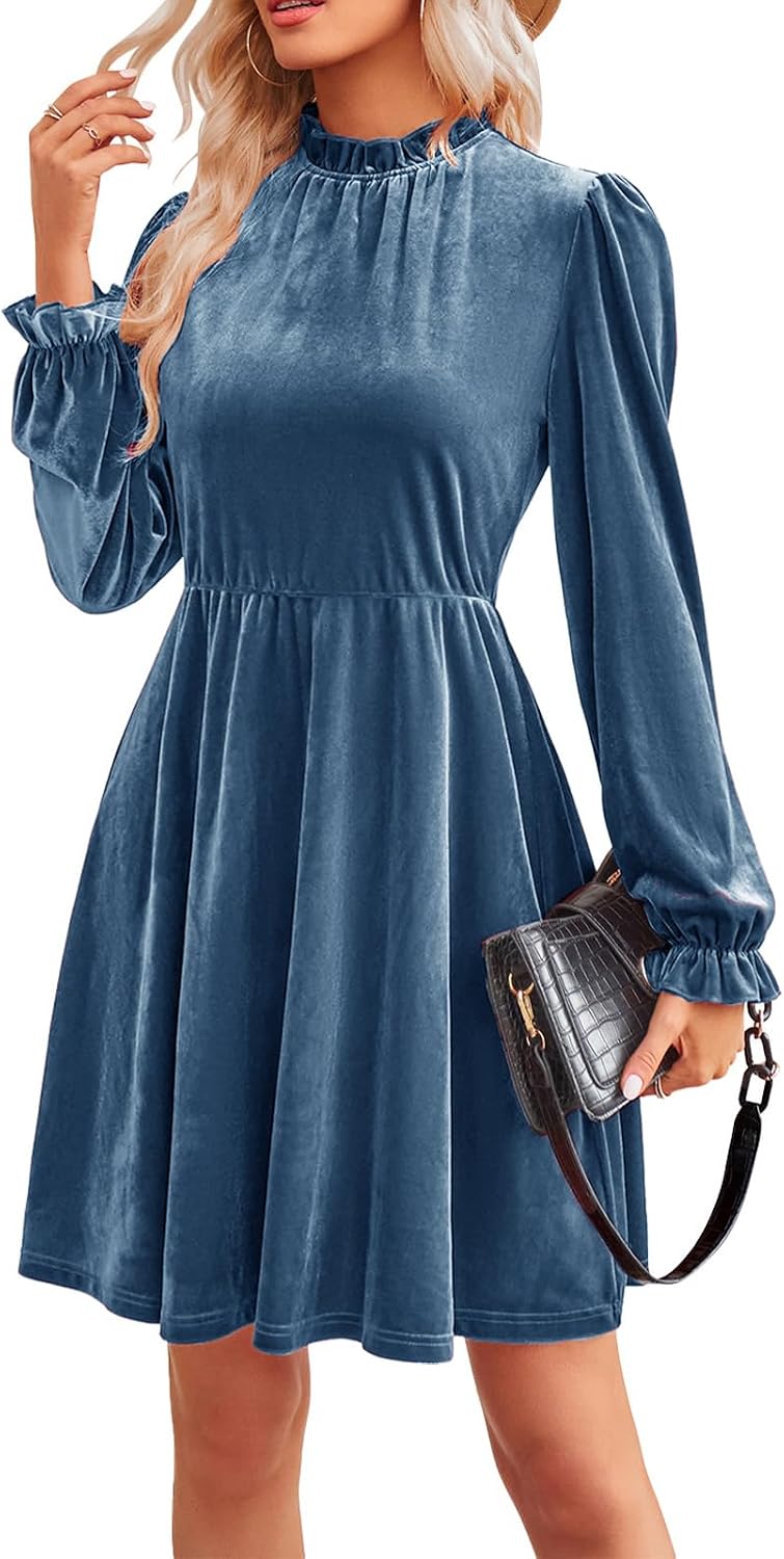 Jayscreate Women's Long Sleeve Winter Fall Wedding Guest Velvet Short Dress