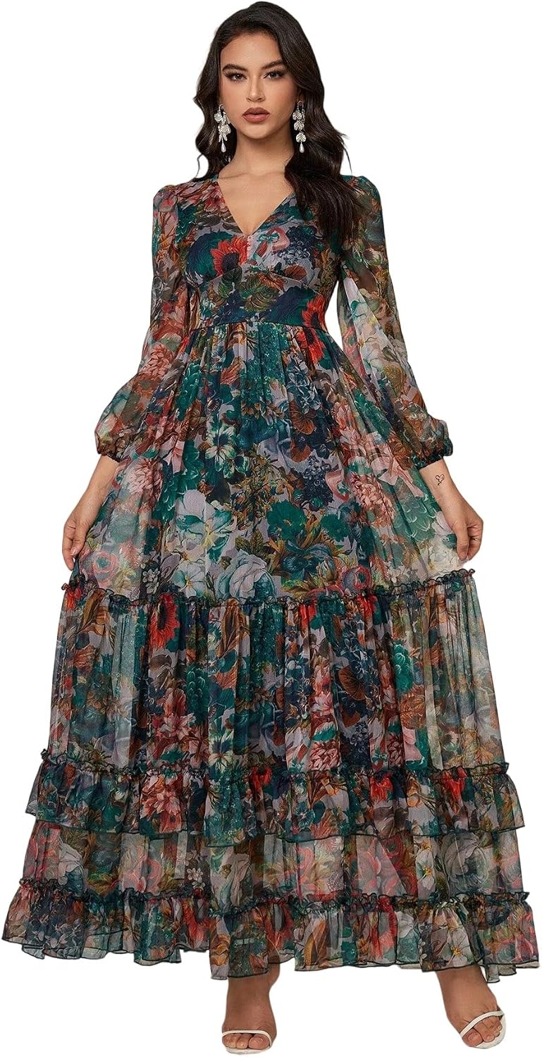 Womens Summer Dresses,Floral Patterns Vintage Elegant Cocktail Long Sleeve Boho Casual Maxi Wedding Guest Dresses for Women