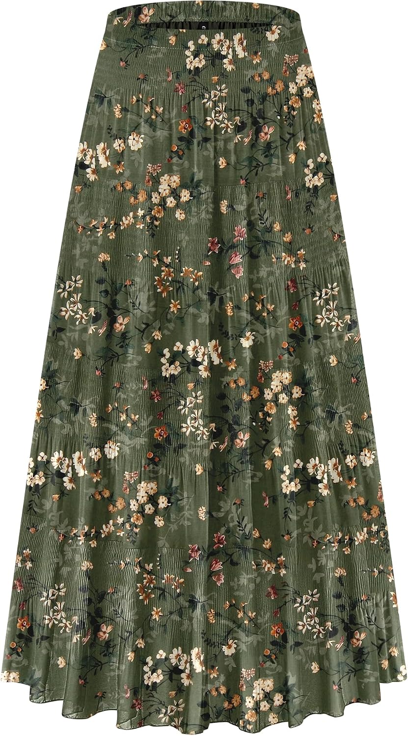 CYiNu Women's Chiffon Elastic High Waist Tiered Pleated Floral Printed A-Line Boho Long Maxi Skirts