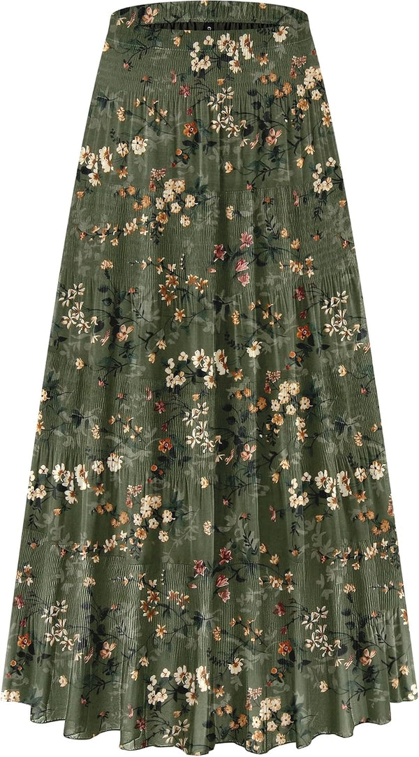 CYiNu Women's Chiffon Elastic High Waist Tiered Pleated Floral Printed A-Line Boho Long Maxi Skirts