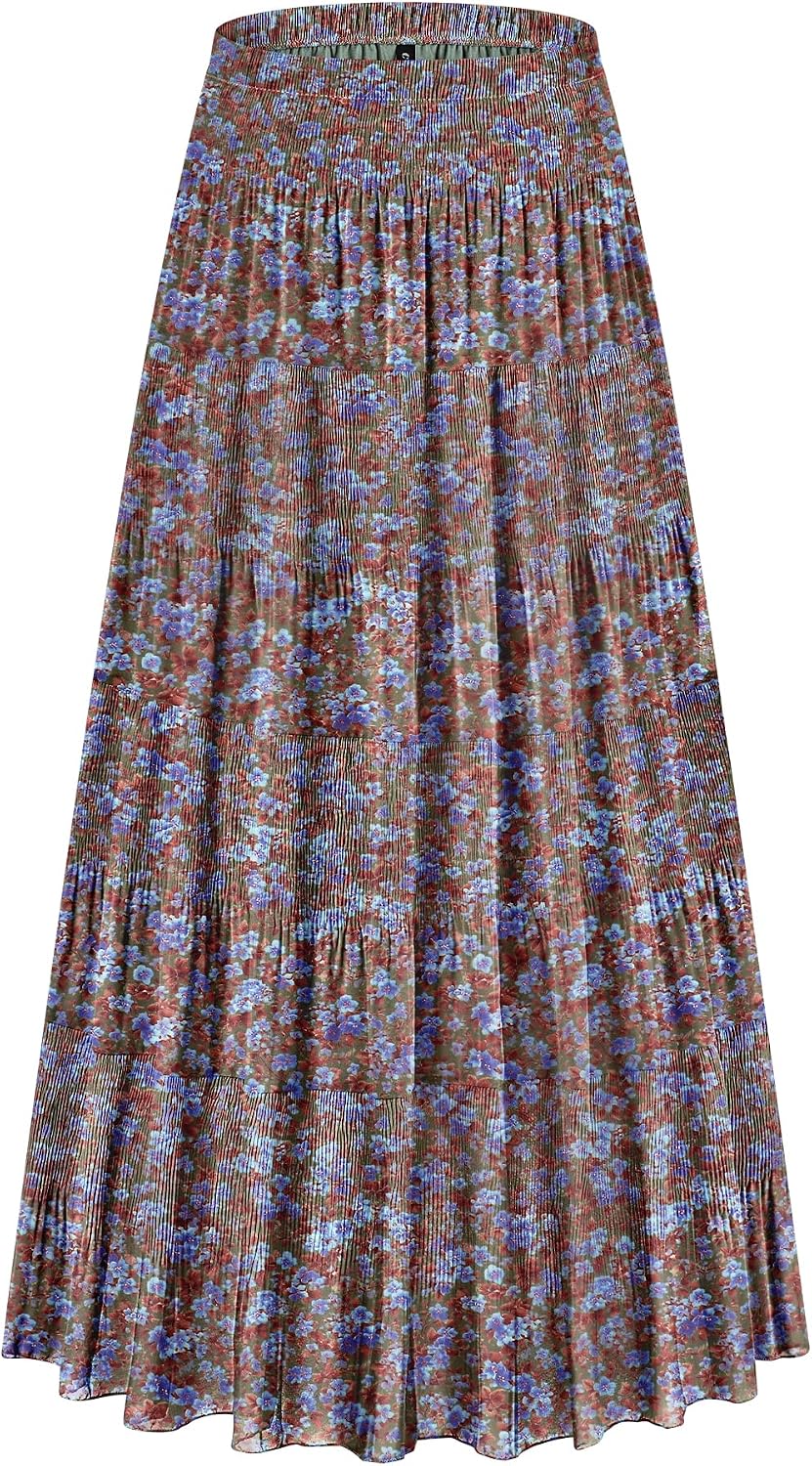 CYiNu Women's Chiffon Elastic High Waist Tiered Pleated Floral Printed A-Line Boho Long Maxi Skirts