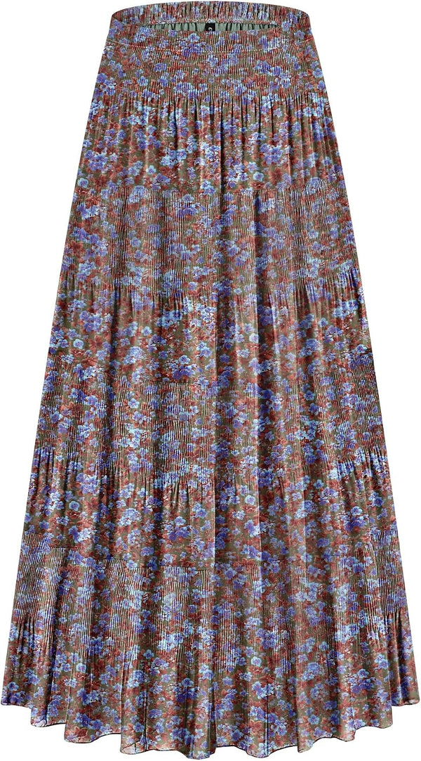 CYiNu Women's Chiffon Elastic High Waist Tiered Pleated Floral Printed A-Line Boho Long Maxi Skirts