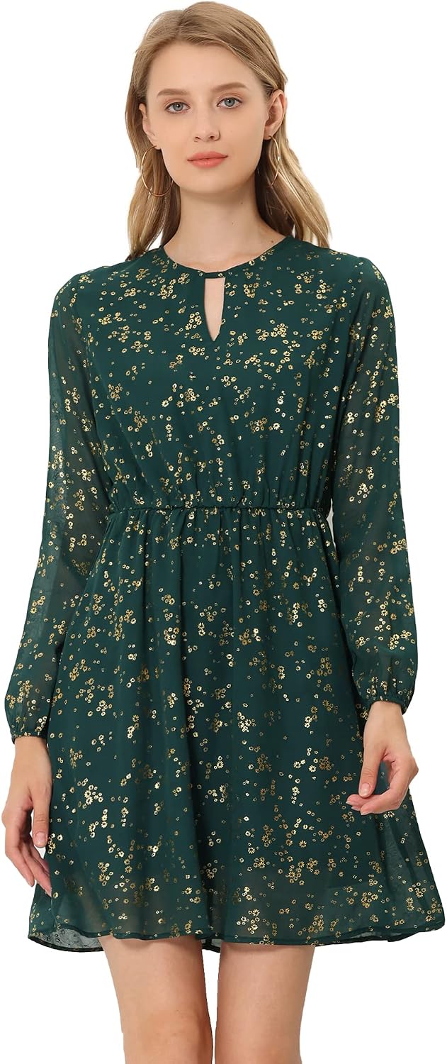 Allegra K Women Metallic Star Choker V Neck Party Flared A-Line Dress