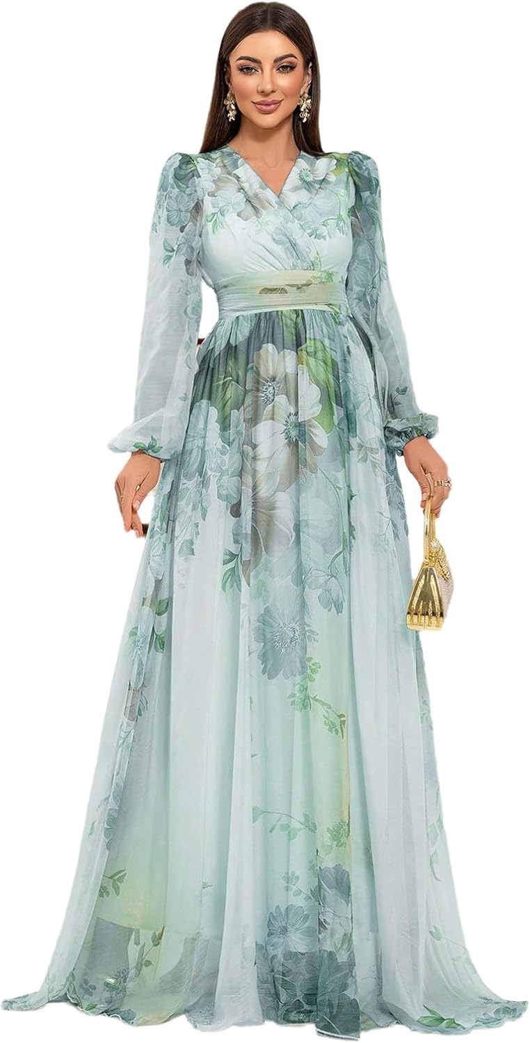 Womens Summer Dresses,Floral Patterns Vintage Elegant Cocktail Long Sleeve Boho Casual Maxi Wedding Guest Dresses for Women