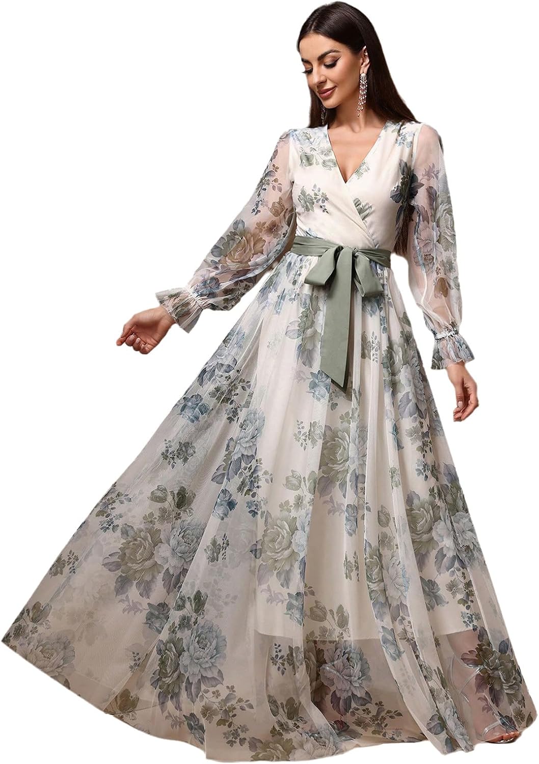 Womens Summer Dresses,Floral Patterns Vintage Elegant Cocktail Long Sleeve Boho Casual Maxi Wedding Guest Dresses for Women
