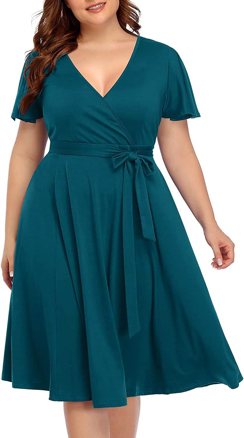 Pinup Fashion Plus Size Wedding Guest Semi Formal Cocktail Wrap Knee Dress | Knit, faux wrap v-neck, short ruffle sleeves, empire waist, removable belt, knee-length, wedding guest, semi formal, easter