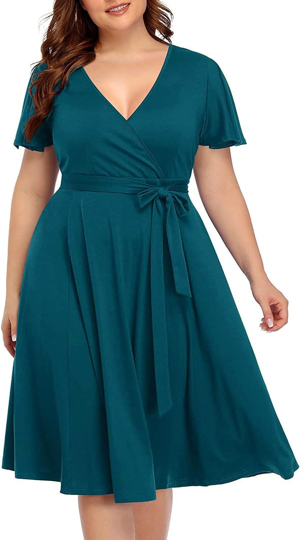 Pinup Fashion Plus Size Wedding Guest Semi Formal Cocktail Wrap Knee Dress | Knit, faux wrap v-neck, short ruffle sleeves, empire waist, removable belt, knee-length, wedding guest, semi formal, easter