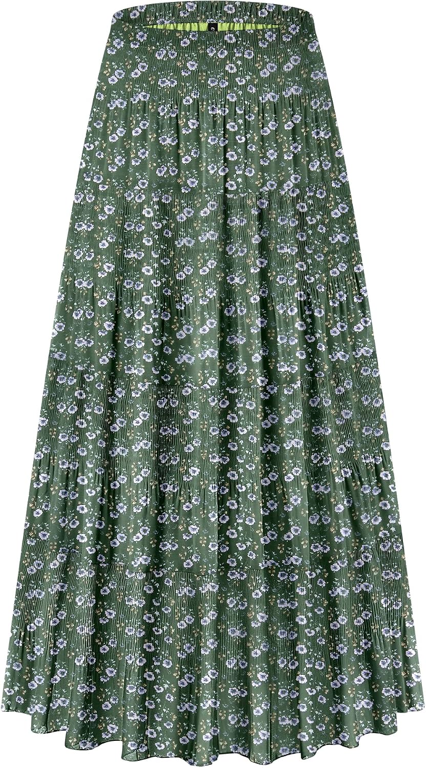 CYiNu Women's Chiffon Elastic High Waist Tiered Pleated Floral Printed A-Line Boho Long Maxi Skirts