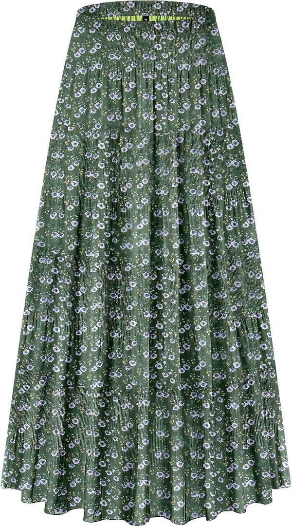 CYiNu Women's Chiffon Elastic High Waist Tiered Pleated Floral Printed A-Line Boho Long Maxi Skirts