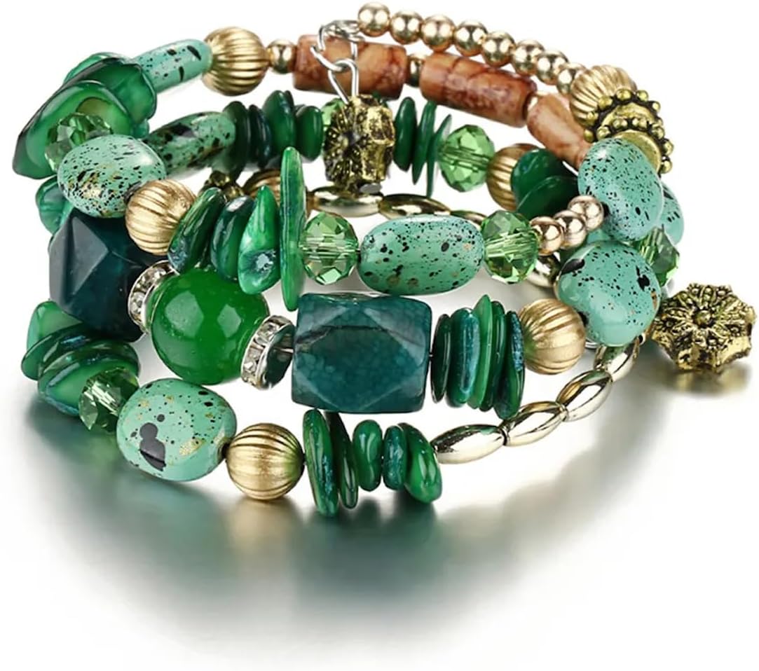 Women Beaded Bracelet Set | Colorful Boho Stackable Trendy Design with Crystal Accents Multilayer Bangle Bracelet | Fashion Stretch Braclets Jewelry for Women