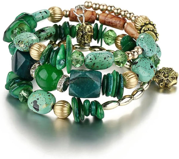 Women Beaded Bracelet Set | Colorful Boho Stackable Trendy Design with Crystal Accents Multilayer Bangle Bracelet | Fashion Stretch Braclets Jewelry for Women
