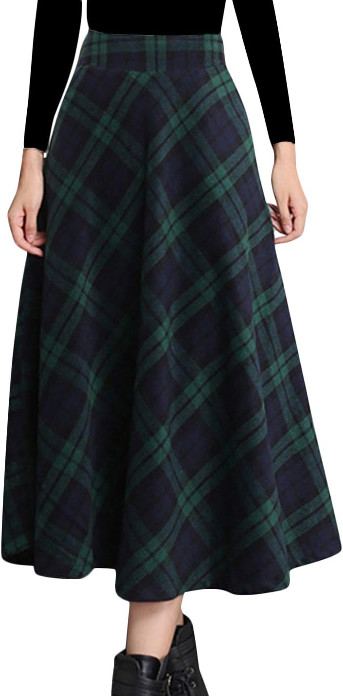Tanming Womens Plaid Skirt Wool A‑Line Pleated Long Skirt