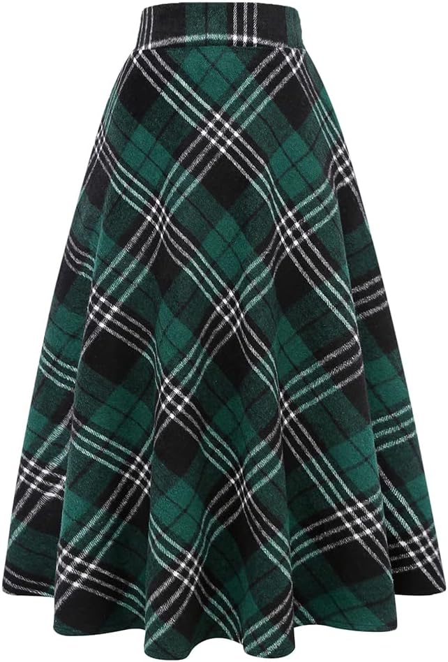 Long Plaid Wool Skirt for Womens Winter Fall Warm High Elastic Waist A line Flared Pleated Wool Tartan Skirts
