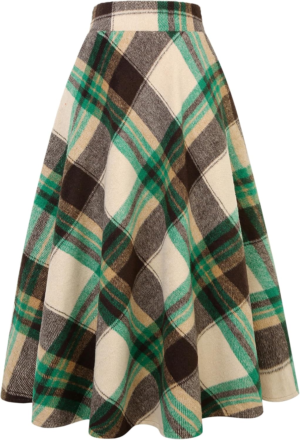 Long Plaid Wool Skirt for Womens Winter Fall Warm High Elastic Waist A line Flared Pleated Wool Tartan Skirts