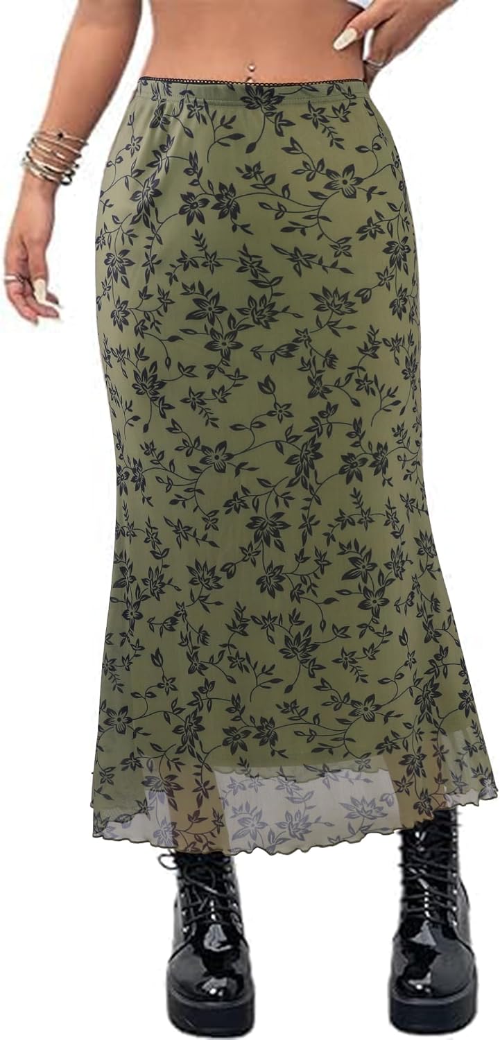 Avanova Women Boho Floral Mesh Long Skirts Elastic High Waisted Mermaid Hem 90s Grunge Maxi Skirt