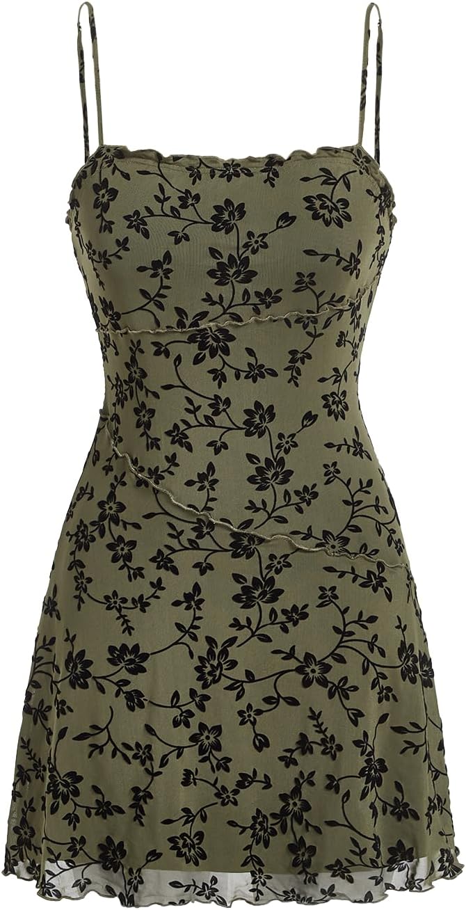 Verdusa Women's Mini Dress Floral Mesh Spaghetti Strap Short Dresses Y2k