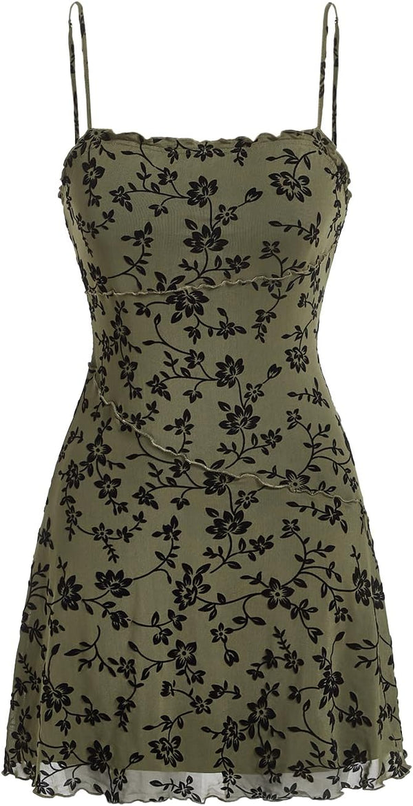 Verdusa Women's Mini Dress Floral Mesh Spaghetti Strap Short Dresses Y2k