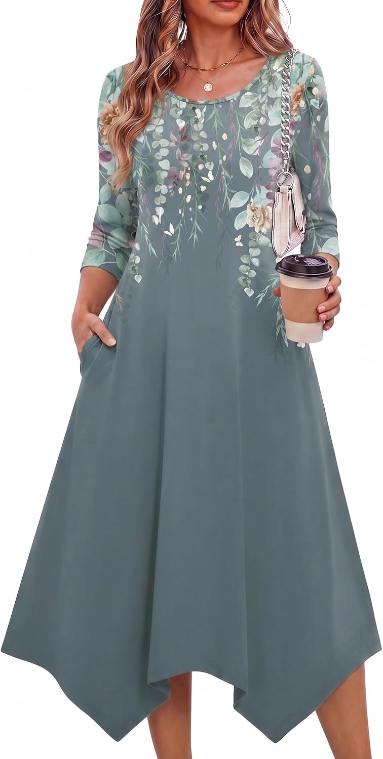 Zeagoo Midi Dresses Women 2026 Dress 3/4 Sleeve A Line Casual Dresses with Pockets