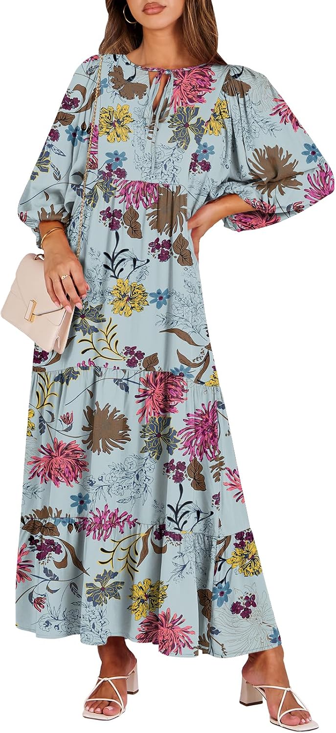 ANRABESS Womens Boho Floral 3/4 Puff Sleeve Maxi Dress