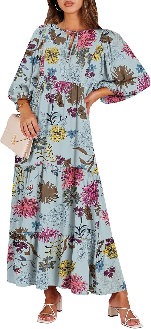 ANRABESS Womens Boho Floral 3/4 Puff Sleeve Maxi Dress