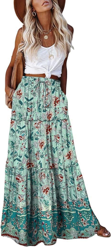 EARKOHA Womens Boho Maxi Skirt 2026 Summer Cruise Casual High Waist Tie Flowy Long Skirt with Pockets For Beach Vacation