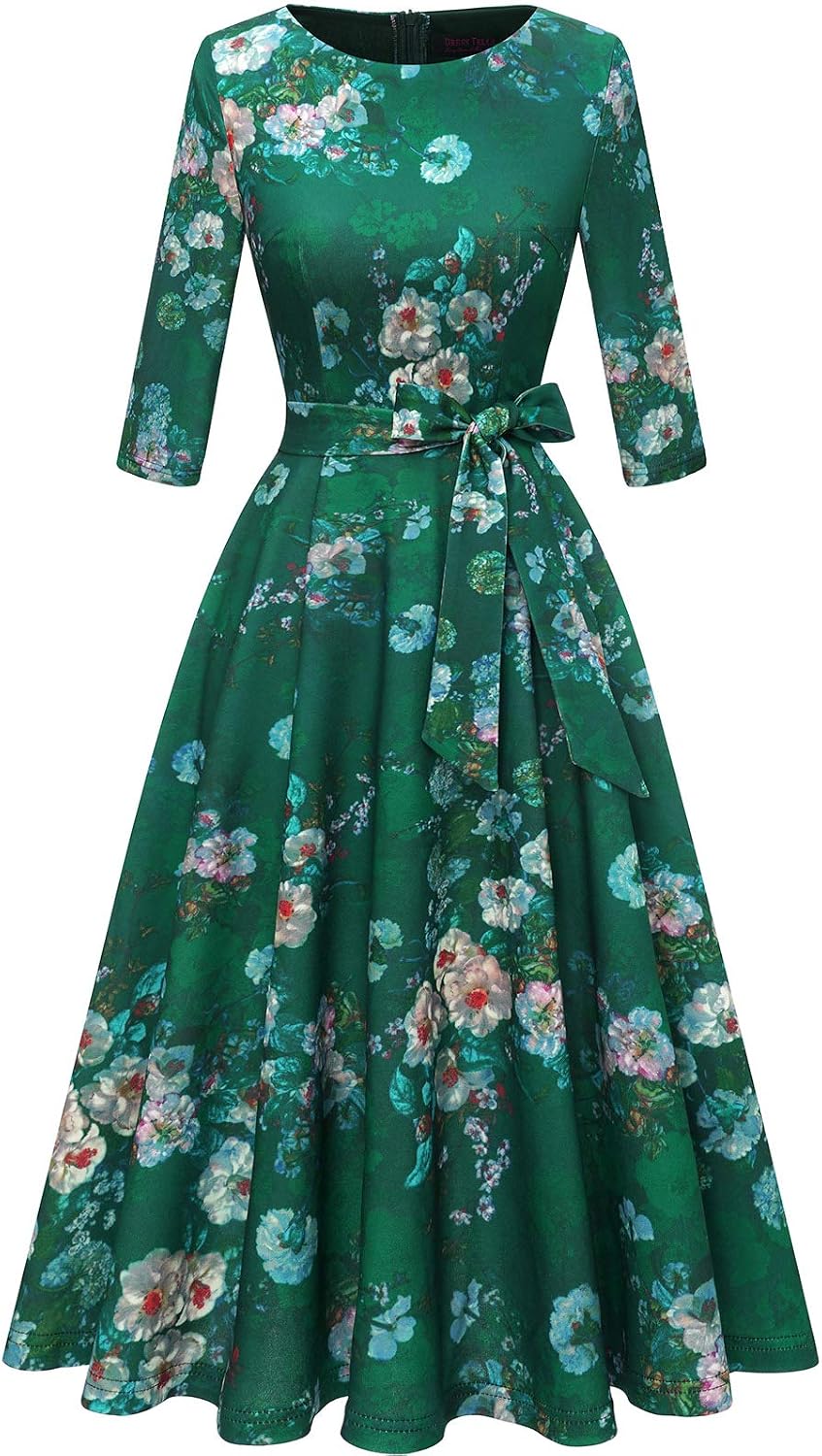 DRESSTELLS Cocktail Dresses for Women, Vintage Wedding Guest 3/4 Sleeves Formal Church Tea Dress