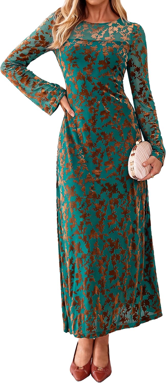 Simplee Womens Velvet Long Sleeve Fall Formal Wedding Guest Maxi Dress