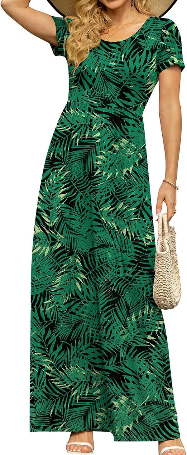 DB MOON Women's Summer Maxi Dress Casual Short Sleeve Empire Waist Pockets