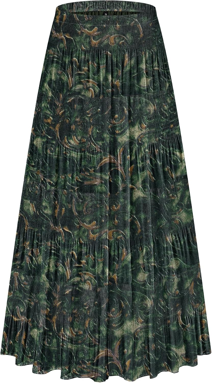 CYiNu Women's Chiffon Elastic High Waist Tiered Pleated Floral Printed A-Line Boho Long Maxi Skirts
