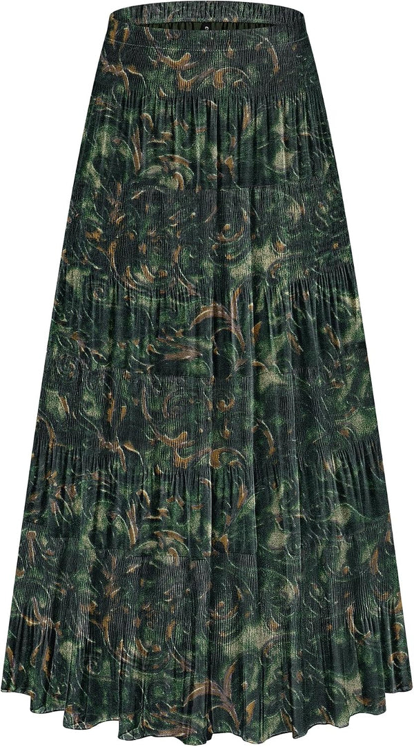 CYiNu Women's Chiffon Elastic High Waist Tiered Pleated Floral Printed A-Line Boho Long Maxi Skirts