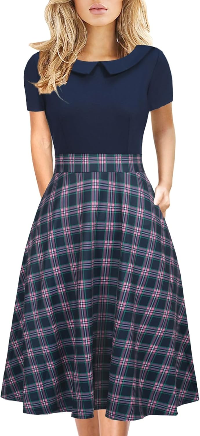 Women's Elegant Vintage Dresses Knee Length Casual Floral Print Work Party Peter Pan Collar A-Line Dress with Pockets 978